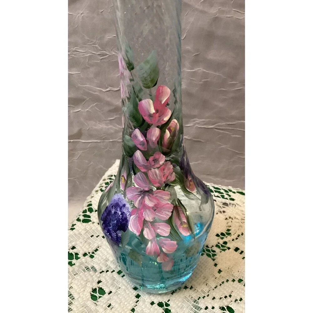 Blue Hand Painted Bud Vase Beautiful Pink & Purple Flowers Mother's Day Gift